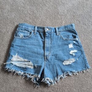 High-Waisted Blue Jean Shorts with Frayed Hem